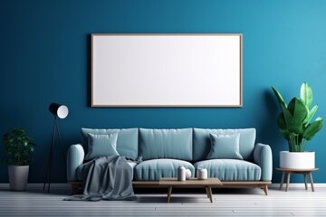 mock up poster frame in modern interior background, frame gallery wall over a boho cream couch with white and blue pillows on a jute natural rug over 