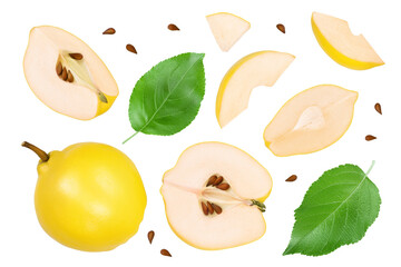 Fresh quince with half and slices isolated on the white background with clipping path and full depth of field. Top view. Flat lay