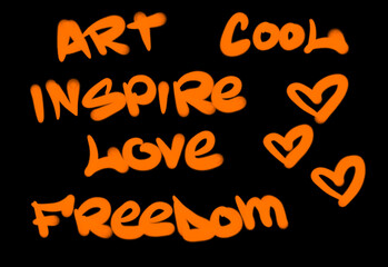 Collection of graffiti street art tags with words and symbols in orange color on black background