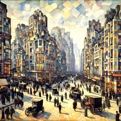 Cubist Painting of Traditional Historical 1900s 20th Century Busy City Street Town Alley Life View with Automobile Cars, People & Street Lamps, Urban Town American New York City USA Buildings Skyline - obrazy, fototapety, plakaty