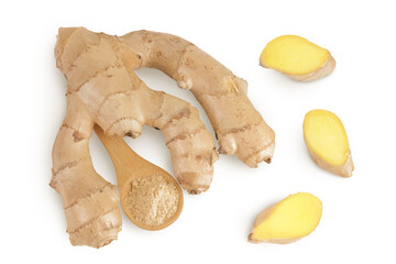 Fresh Ginger root and slices isolated on white background