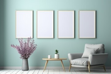 Interior poster mock up with three vertical empty wooden frames, gray sofa, plant and lamp in living room with white wall. 3D rendering.