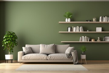 Interior poster mock up with  green sofa, plant and lamp in living room with white wall. 3D rendering.