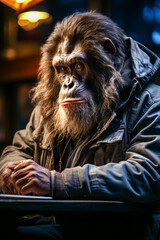 Close up of monkey wearing jacket and holding laptop.