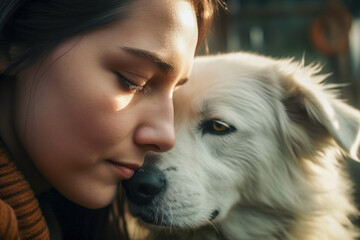 Woman with her white dog lovingly