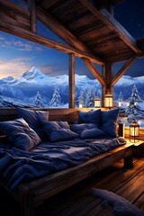 Bed sitting under window next to snow covered mountain.