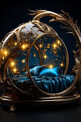 Bed with blue comforter and gold frame.