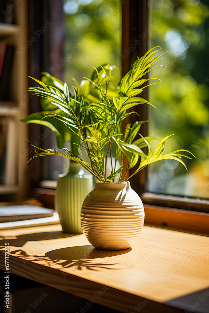 Poster couple of vases sitting on top of wooden table.