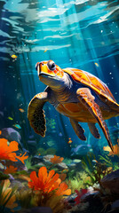 Image of sea turtle swimming in coral reef.