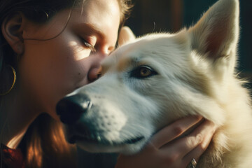 Close-up of model tenderly touching her dog with closed eyes