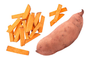 slice sweet potato isolated on white background closeup. Top view. Flat lay.
