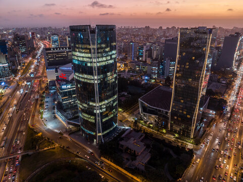 Aerial panoramic view of buildings in San Isidro district in Lima. Sunset. 