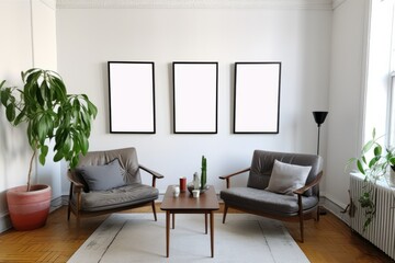 Modern living room interior composition with mockup 3 poster frame