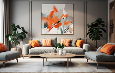 Stylish orange colour living room with design furniture, plants, book stand and wooden desk. Modern decor of bright room. Created with Generative AI