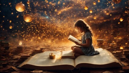 Fototapeta na wymiar Very striking photo of a girl reading while sitting on a giant book accompanied by many golden lights. Generated by AI.