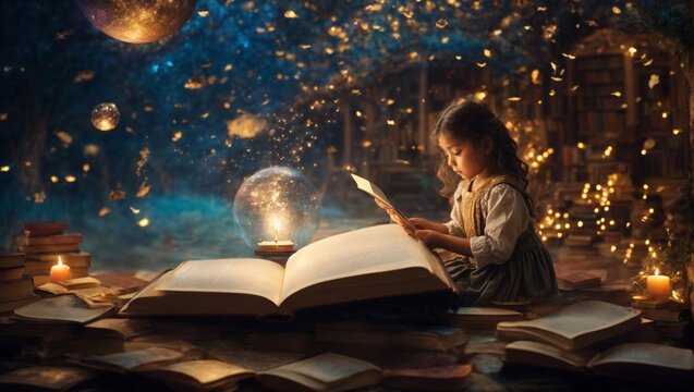 Very striking photo of a girl reading while sitting on a giant book accompanied by many golden lights. Generated by AI.