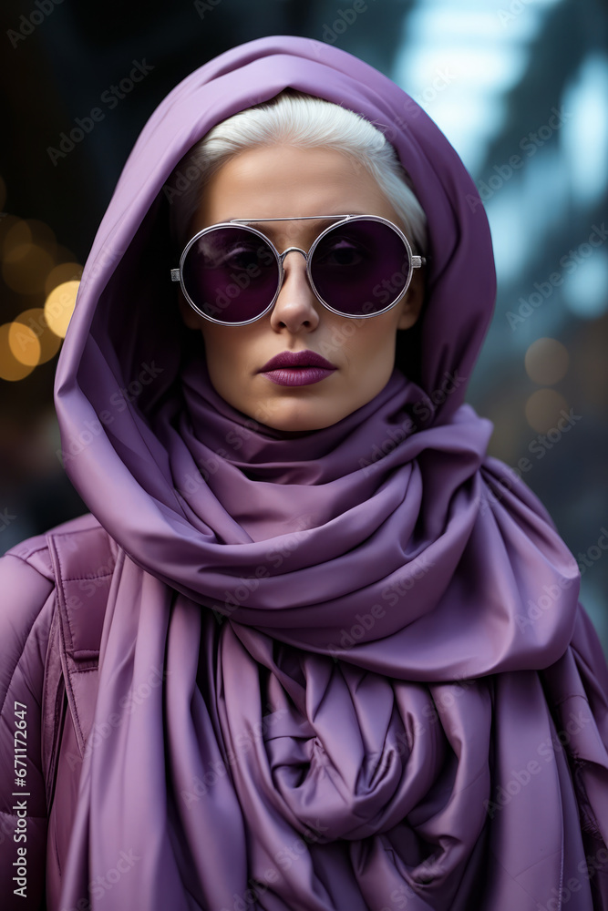 Sticker Woman wearing sunglasses and purple scarf with purple scarf around her neck.