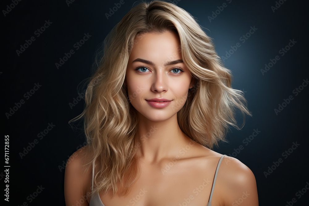 Wall mural woman with blonde hair and blue eyes posing for picture.