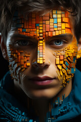Man with face made of squares and squares on his face.