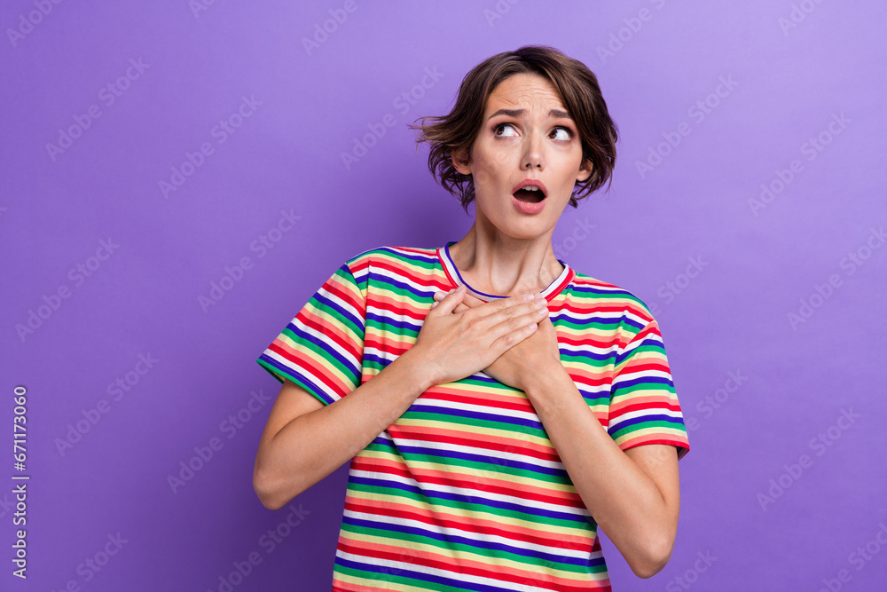 Poster photo of speechless person arms touch chest open mouth look empty space isolated on violet color bac