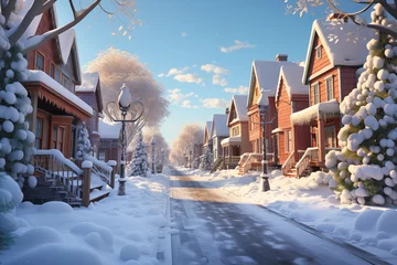 Poster sunny morning in a cute neighborhood during winter season © Olesia Bilkei