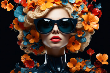 Woman with sunglasses and flowers in her hair and black dress.