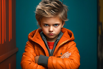 Young boy with his arms crossed wearing orange jacket.