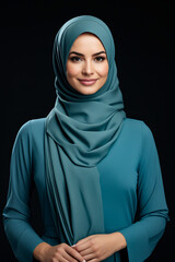 Woman wearing blue hijab and smiling at the camera.
