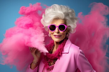 Vibrant Senior Lady Exudes Fashionable Charm with Playful Pink Attire and Retro Glasses.Lady in pink