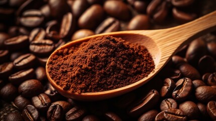 Coffee beans and wooden spoon with ground coffee close-up. - obrazy, fototapety, plakaty
