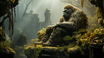fringe gorilla on the rock on the green forest. Generative AI - obrazy, fototapety, plakaty