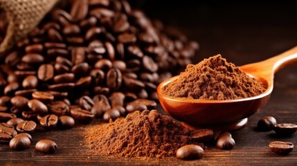 Coffee beans and wooden spoon with ground coffee close-up.