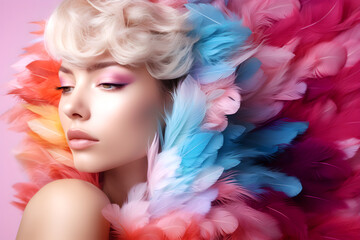Fashion editorial Concept. Closeup portrait of pretty woman with chiseled features, surround in pastel colourful soft feathers boa. illuminated dynamic composition dramatic lighting. copy space

