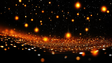 Fototapeta na wymiar Holiday wallpaper with gold dust and falling stars isolated dark background abstract design with copy space. Background concept. AI generated.