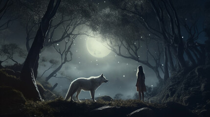 wild girl with her wolf standing in the forest, digital art style, illustration. Generative AI - obrazy, fototapety, plakaty