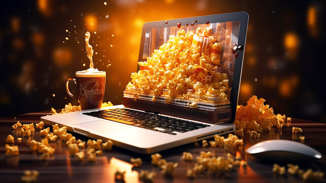 Watch movies online on your laptop in the comfort of your home with popcorn and fresh coffee. Online movie concept. AI generated.