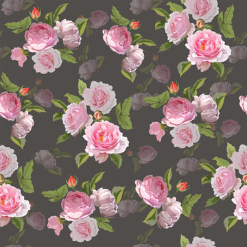 Pink Roses bouquet seamless pattern on grey background