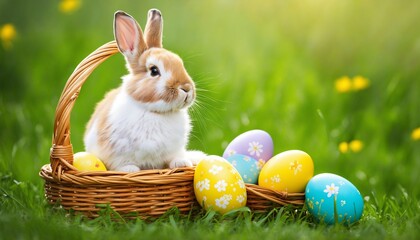 a cute rabbit with easter eggs and a basket - for easter cards and more