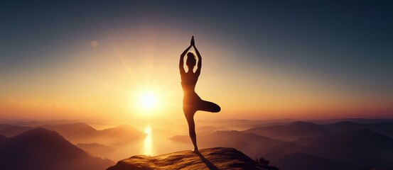 Woman doing yoga. Panoramic photograph of the silhouette of a woman doing yoga with her back facing the sunrise and with sun flares over her hair on a cliff - obrazy, fototapety, plakaty