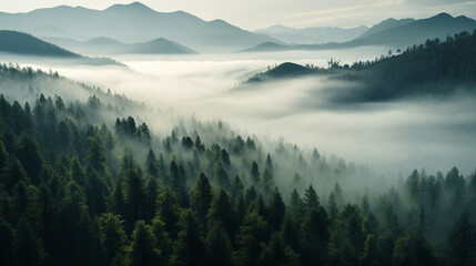 fogged Pine forests, bird eye view. Generative AI - obrazy, fototapety, plakaty