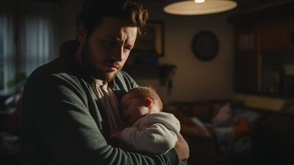 Fathers postpartum depression. Sad PPD condition after having baby. Sadness, anxiety, worry and tiredness that last for a long time after newborn birth. Man nursing infant. Tired male with children. - obrazy, fototapety, plakaty