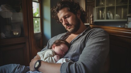 Fathers postpartum depression. Sad PPD condition after having baby. Sadness, anxiety, worry and tiredness that last for a long time after newborn birth. Man nursing infant. Tired male with children. - obrazy, fototapety, plakaty