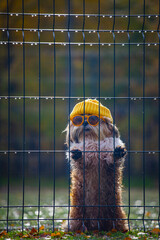 shih tzu dog in glasses and a jacket stands near the fence