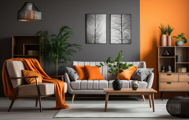 Stylish orange colour living room with design furniture, plants, book stand and wooden desk. Modern decor of bright room. Created with Generative AI