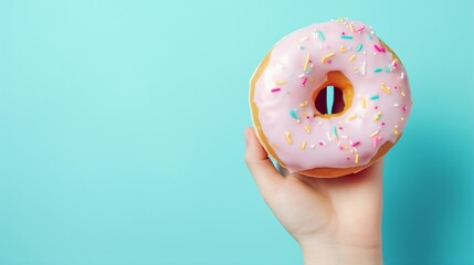 On a blue background, a female hand clutches a glazed donut. The pastel color trend continues. View...