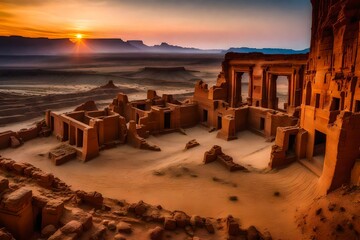 The ancient ruins of a desert city, crumbling sandstone structures, partially buried by shifting sands