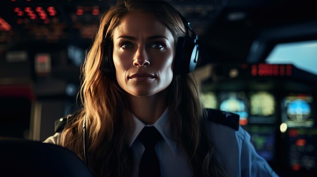 A uniformed female pilot stands proudly in the cockpit of a plane, exuding confidence and professionalism.