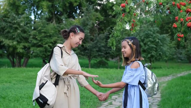 Two girls walking in the park in the summer, talking, walking after school and college, holding hands, best friends, sisters returning home after school