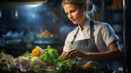 A culinary artist in a chef's attire passionately crafts delectable dishes with finesse and expertise.