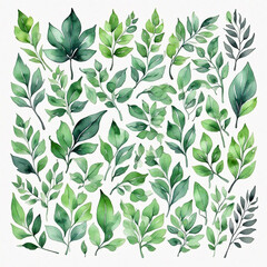 Watercolor set of green leaves. Hand drawn illustration isolated on white background.